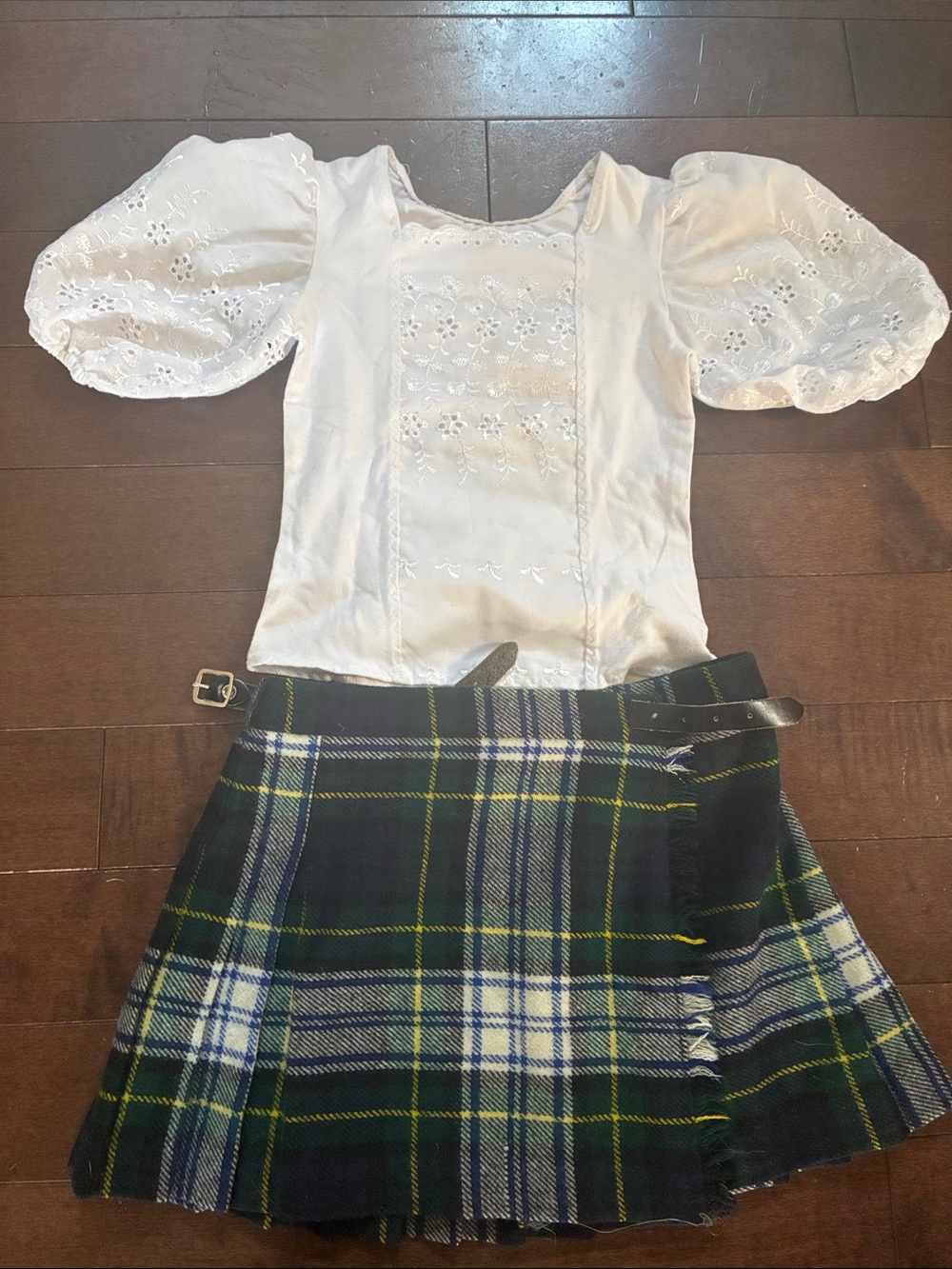 Highland dancing outfit: Eyelet Blouse & Navy Green Plaid Mini Skirt Duo. 5-8